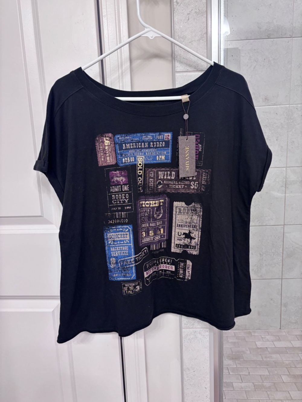 Black Graphic Long Sleeve Tee with Ticket Print